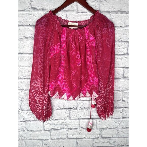 Rococo Sand Tops - ROCOCO SAND Women's Hot Pink Tassel Tie Waist Silk Blouse Medium